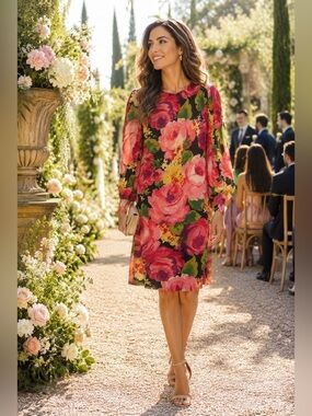 355. MICHEL RENOIR | 100% Silk | Floral Print | Long Sleeve Dress | Size 12